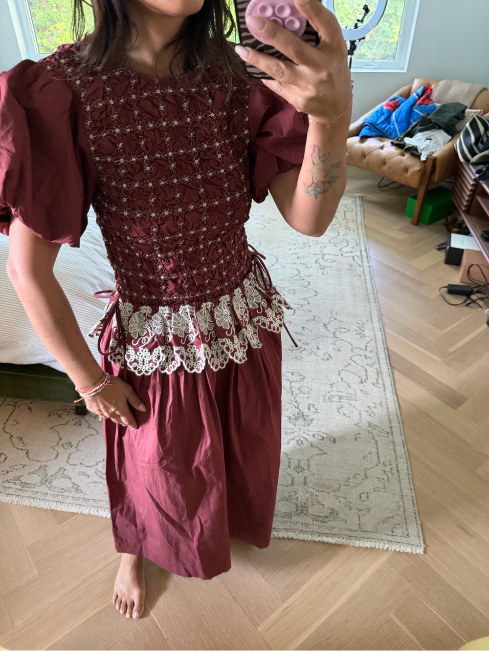 Damson Madder Audrey Midi Dress - Burg/Butter Stitching